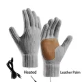 Guantes de punto con calefacción USB en gris con parche de cuero marrón para invierno - Talla única / Guantes calefactables antideslizantes de dedo completo (1 nivel) / Gris