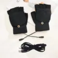 Guantes calefactables USB negros con diseño de tapa abatible a medio dedo y cable - Talla única / Guantes calefactables con solapa de medio dedo (Ajuste de 1 nivel) / Negro