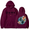 Burgunderroter Kapuzenpullover mit japanischem Koi Fisch Wellenprint, Streetwear. - S / Oberteile / Dunkelweinrot