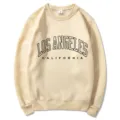 Women beige crewneck sweatshirt with Los Angeles California letter print casual loose pullover top - Khaki 313 / S