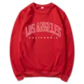 Women red crewneck sweatshirt with Los Angeles California letter print casual loose top - S / Red