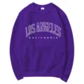 Purple oversized crewneck sweatshirt for women featuring Los Angeles chest print, casual style. - S / Tops / Purple