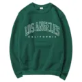 Green crewneck sweatshirt for women featuring Los Angeles California letter print design. - S / Tops / Dark Green