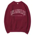 Burgundy crewneck sweatshirt with Los Angeles California letter print casual relaxed fit top. - S / Tops / Burgundy