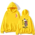 Japanese streetwear yellow hoodie featuring a stylish irezumi cat graphic print, casual style. - Yellow / Front & Back