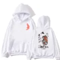 White graphic hoodie with Japanese cat and koi fish print, streetwear casual pullover sweatshirt. - S / White