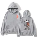 Grey Japanese cat print streetwear hooded sweatshirt, casual loose fit autumn winter pullover. - Gray / Front & Back