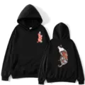 Japanese style cat koi fish print black hoodie streetwear casual loose long sleeve hooded sweatshirt - S / Black / Front & Back
