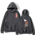 Dark grey hoodie detail featuring Japanese cat and koi fish print with Japanese text graphics. - Dark Gray / Front & Back