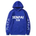 Vue detaillee du sweat a capuche bleu de style japonais SENPAI avec impression texte. - S / Hauts / Bleu (526-528-529)