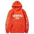 Vue détaillée de la capuche orange de style japonais Senpai avec impression sur les manches. - S / Hauts / Orange (526-528-529)