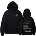 Felpa con cappuccio nera casual con stampa di lettere ispiratrici sul davanti e sul retro. - Taglia S / Top / Nero
