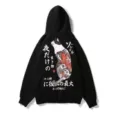 Japanese cat print streetwear hoodie, casual oversized black pullover sweatshirt for autumn. - 1