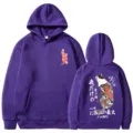 Purple Japanese cat print hoodie, loose streetwear fleece pullover sweatshirt for autumn style. - Purple 1