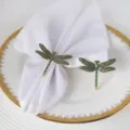 Dragonfly napkin ring set, vintage green and gold alloy table decor for hotel dining table. - Green