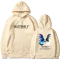 Beige aesthetic butterfly graphic hoodie for men and women, casual long sleeve hooded sweatshirt. - S / Tops / Khaki