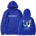 Royal blue long sleeve hoodie featuring stylish butterfly graphic and text print details. - S / Tops / Blue