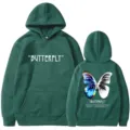 Dark green hoodie featuring front butterfly text and back butterfly graphic design. - S / Tops / Army Green