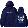 Dark blue hooded sweatshirt featuring butterfly graphic print and stylish quoted text on back. - S / Tops / Navy Blue / 33.0