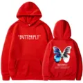 Red hooded sweatshirt with butterfly graphic print and letter design for casual streetwear style - S / Tops / Red