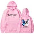 Pink fleece hooded sweatshirt for men and women, featuring cool butterfly graphic and print. - S / Tops / Pink