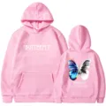 Pink fleece hoodie with front butterfly text and back colorful graphic print design casual top. - S / Tops / Pink / 33.0
