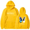 Men's yellow fleece hooded sweatshirt with butterfly graphic streetwear casual hoodie - S / Tops / Yellow