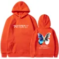 Orange fleece hoodie for men, streetwear casual hooded sweatshirt with butterfly graphic. - S / Tops / Orange