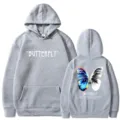 Grey fleece hooded sweatshirt with butterfly print and slogan for men women casual streetwear - S / Tops / Gray