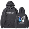 Dark grey butterfly print fleece hoodie variant showing front and back design details clearly. - S / Tops / Dark Gray
