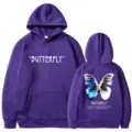 Purple butterfly graphic fleece hoodie for men and women, loose casual couple streetwear. - S / Tops / Purple