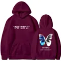 Burgundy butterfly print fleece hoodie for men and women, loose streetwear sweatshirt. - S / Tops / Burgundy