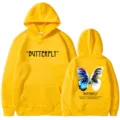 Yellow fleece hooded sweatshirt with butterfly graphic print, loose fit casual couple streetwear. - S / Tops / Yellow