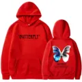 Red fleece hoodie with butterfly graphic and quotation text, casual streetwear couple pullover. - S / Tops / Red
