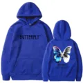 Blue fleece hoodie with butterfly print streetwear style casual couple hooded sweatshirt - S / Tops / Blue