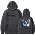 Dark grey fleece hoodie for men and women, loose fit pullover with butterfly graphic back. - S / Tops / Dark Gray