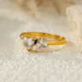 Gold plated stainless steel ring featuring heart and pear cut cubic zirconia stones, elegant jewelry. - Size 6 / Heart and Water Drop Style (C471) / Gold