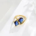 Luxury 18K gold plated double stone ring with blue cubic zirconia geometric open design. - Size 6 / Dark Blue Style Gold