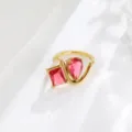 Exquisite 18k gold plated double cubic zirconia ring detail shot, elegant geometric hollow design. - Size 6 / Rose Red Zirconia - Gold