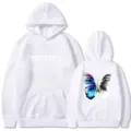 White fleece hoodie for men and women, featuring cool butterfly print and front pocket. - S / Tops / White