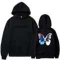 Black fleece hooded sweatshirt with butterfly print on back and front text design for men and women. - S / Tops / Black