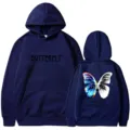 Men's Dark Blue Fleece Hooded Sweatshirt Streetwear Butterfly Graphic Print Casual Pullover - S / Tops / Navy Blue