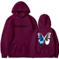 Burgundy fleece hooded sweatshirt with butterfly print, loose fit couple casual hoodie. - S / Tops / Burgundy