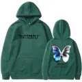 Dark green fleece hoodie with butterfly graphic and letter print for men and women couple style. - S / Tops / Army Green