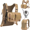 Detailed close-up view of tactical hydration chest rig and water bladder set khaki. - Below 20L / Brown