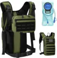 Tactical hydration backpack detail featuring molle webbing, detachable pouch and water bladder. - Below 20L / Green