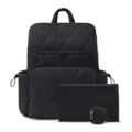 Lightweight black quilted diaper backpack set with changing pad and pouch for baby travel. - Black