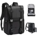 Detailed view of the camera backpack showing interior dividers and side access for gear. - 29.97 x 17.02 x 43.94 cm / Black