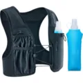 Detailed view of black running hydration vest with soft flask pocket and breathable mesh design. - Black
