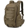 Detailed view of durable tactical backpack with MOLLE webbing and multiple compartments. - 20-35L / Brown